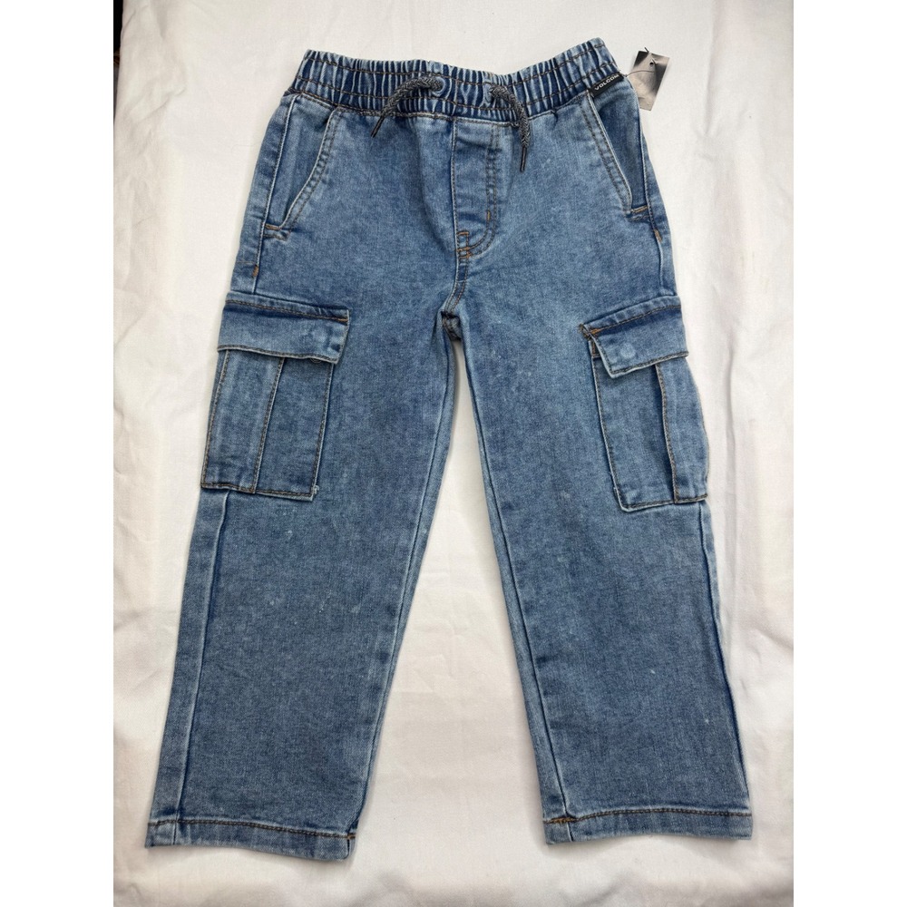 Volcom Boys Cargo Denim Pants Light Wash Elastic Waist Drawstring Jeans 4T